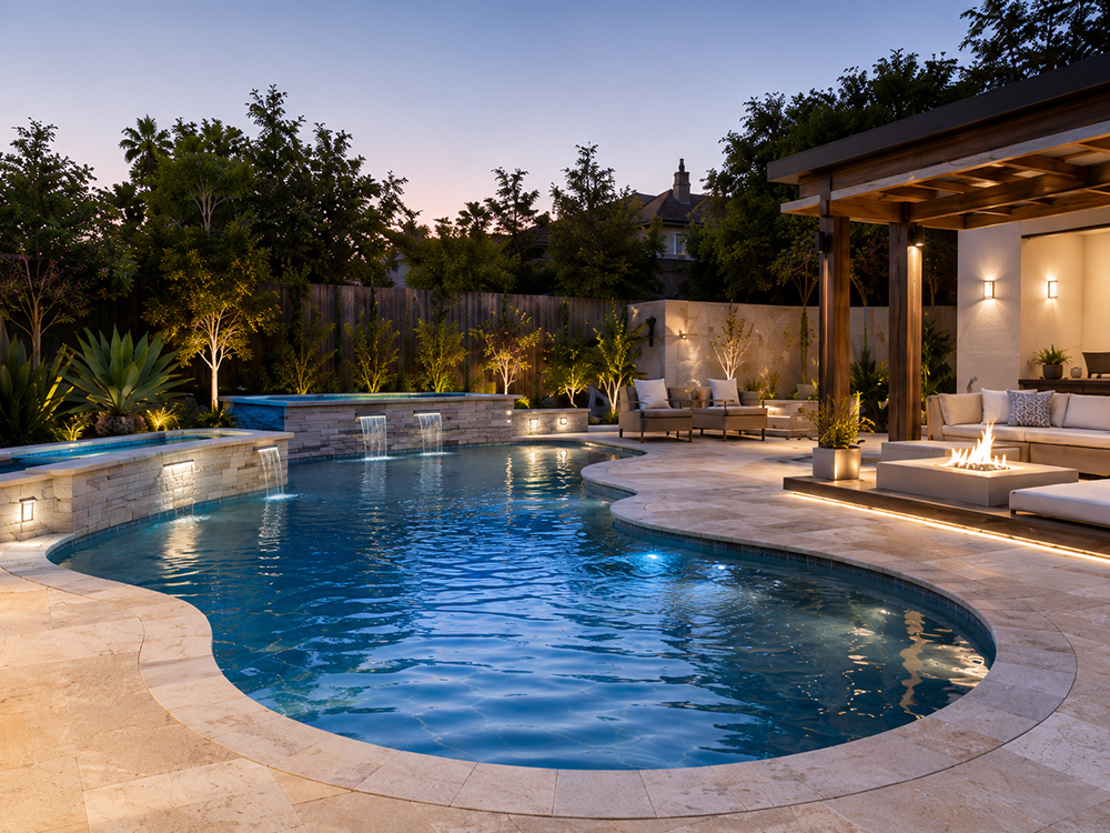 After pool remodel with clean water, updated pool decking, outdoor lighting, and modern backyard design